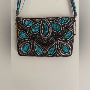 Ricki Designs Floral Beaded Chain Shoulder Strap Small Clutch Purse Turquoise